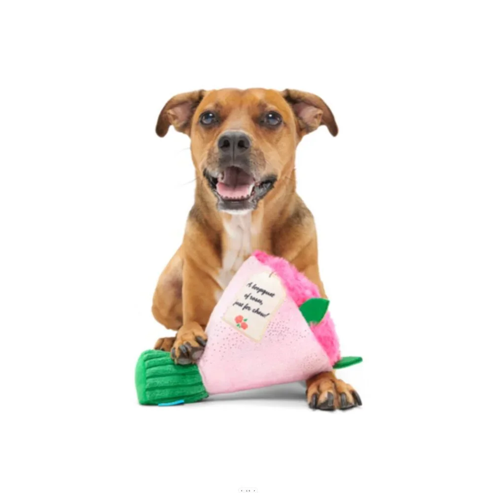 NWT BARK Boopquet of Roses Bouquet of Flowers Dog Toy, Pink & Green, M-L 20+ lbs